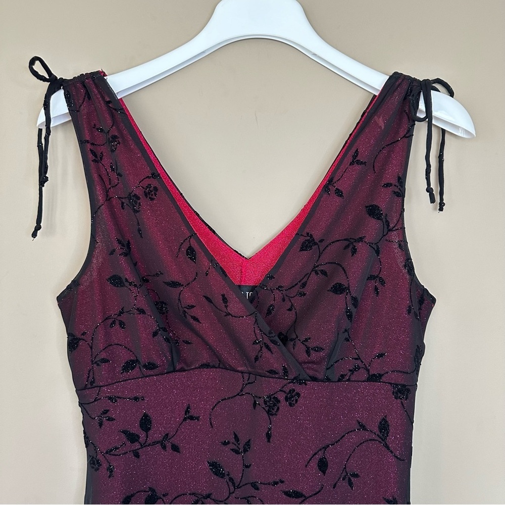VTG 90s Y2K Size M Whimsigoth Dress Sparkle Pink Black Floral Chiffon Overlay - Picture 4 of 14